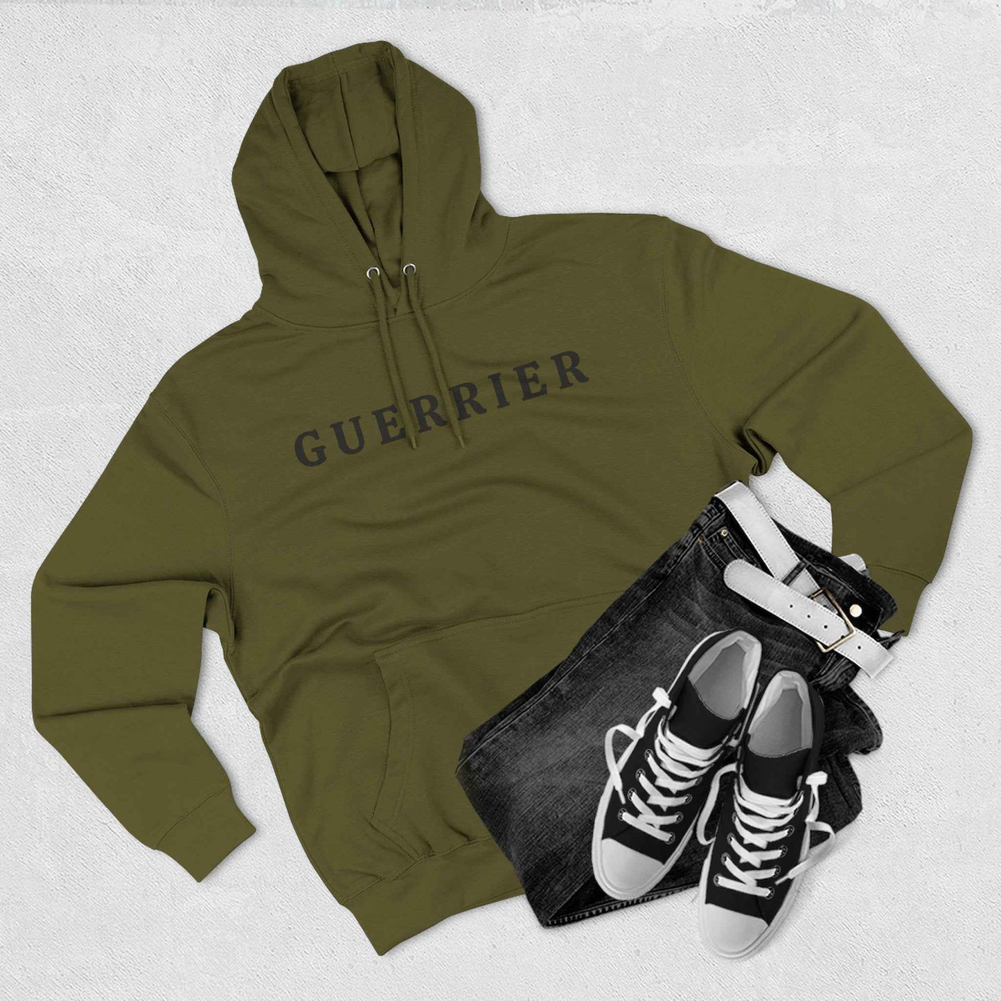 Guerrier Minimalist Hoodie — French 'Guerrier' Text Fleece Pullover