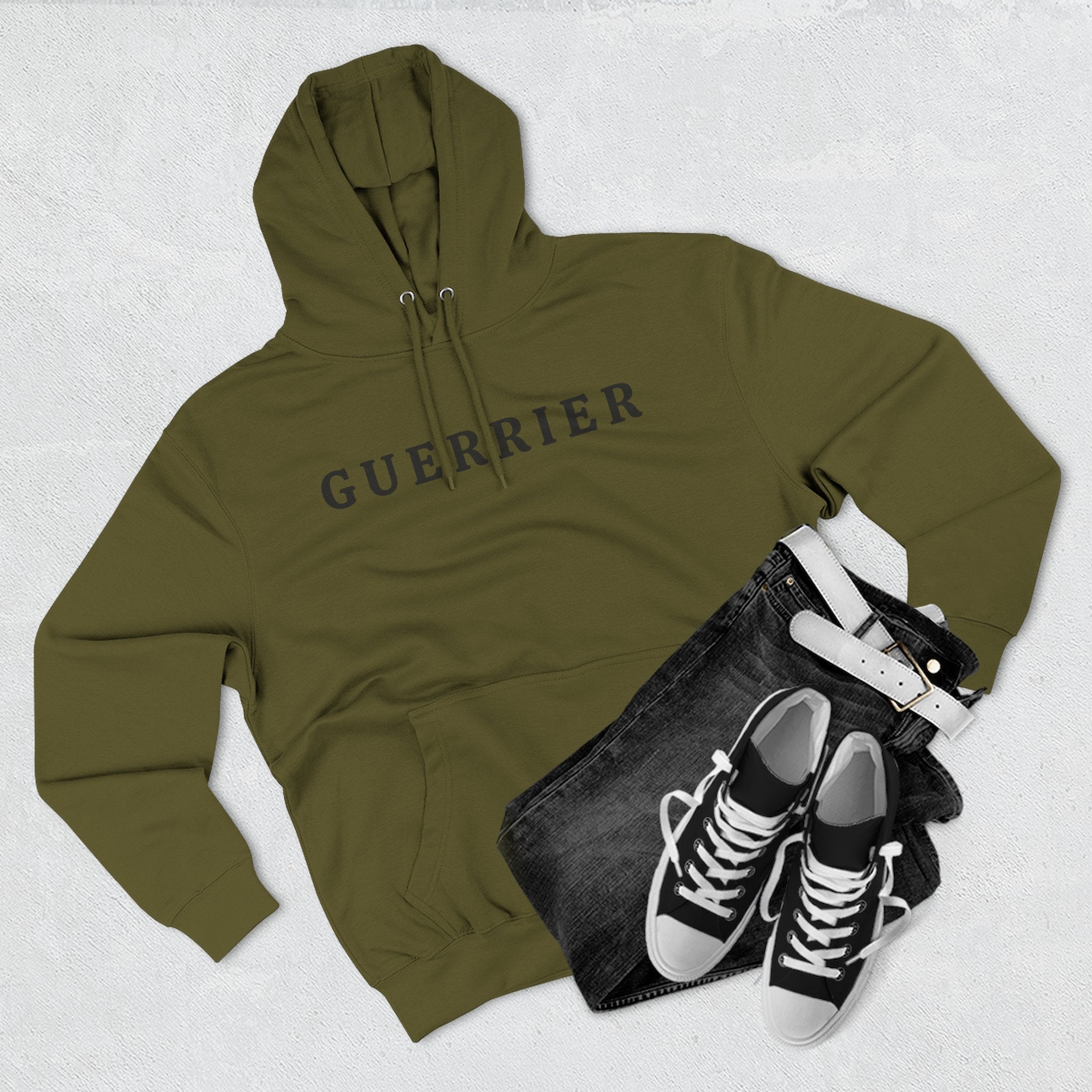Guerrier Minimalist Hoodie — French 'Guerrier' Text Fleece Pullover