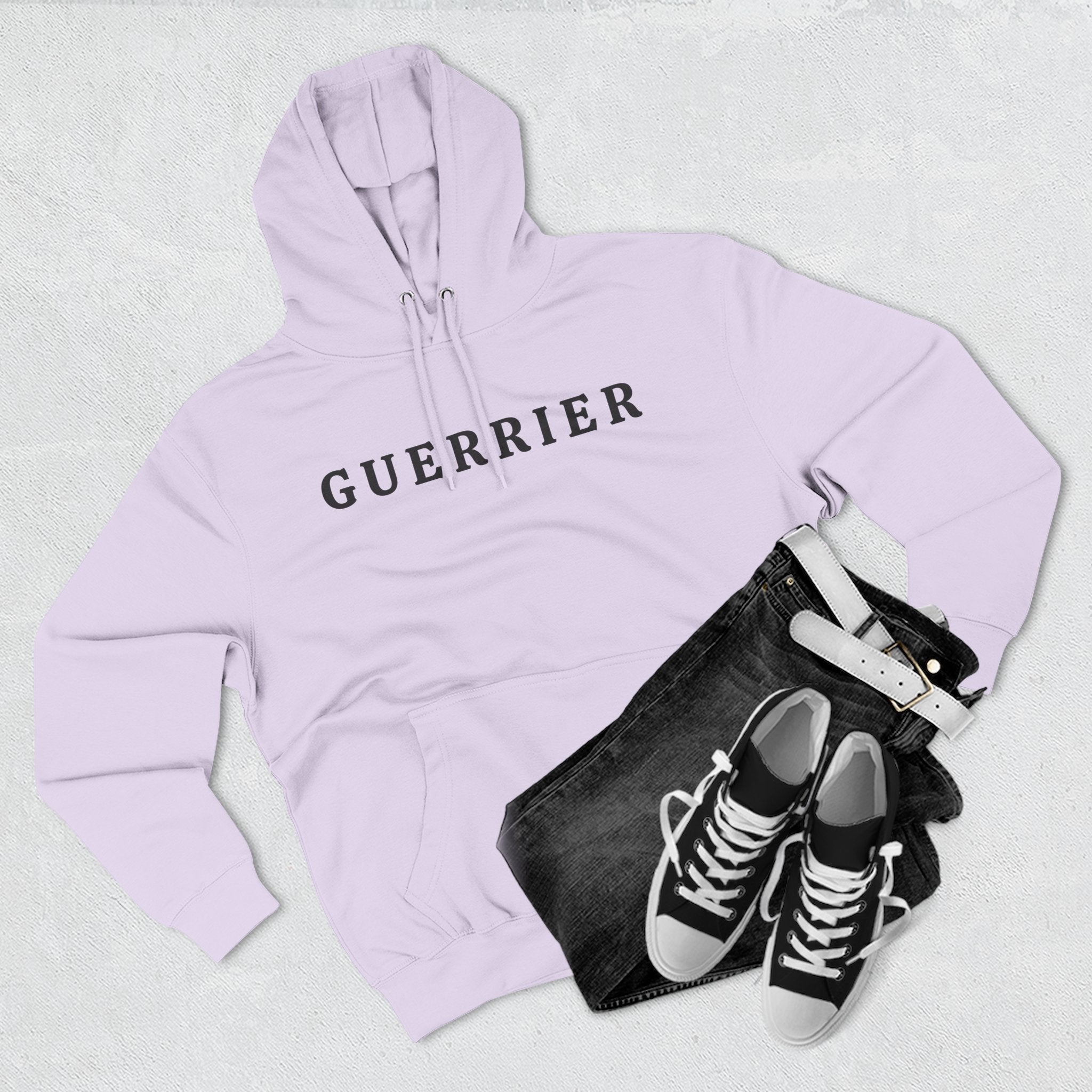 Guerrier Minimalist Hoodie — French 'Guerrier' Text Fleece Pullover