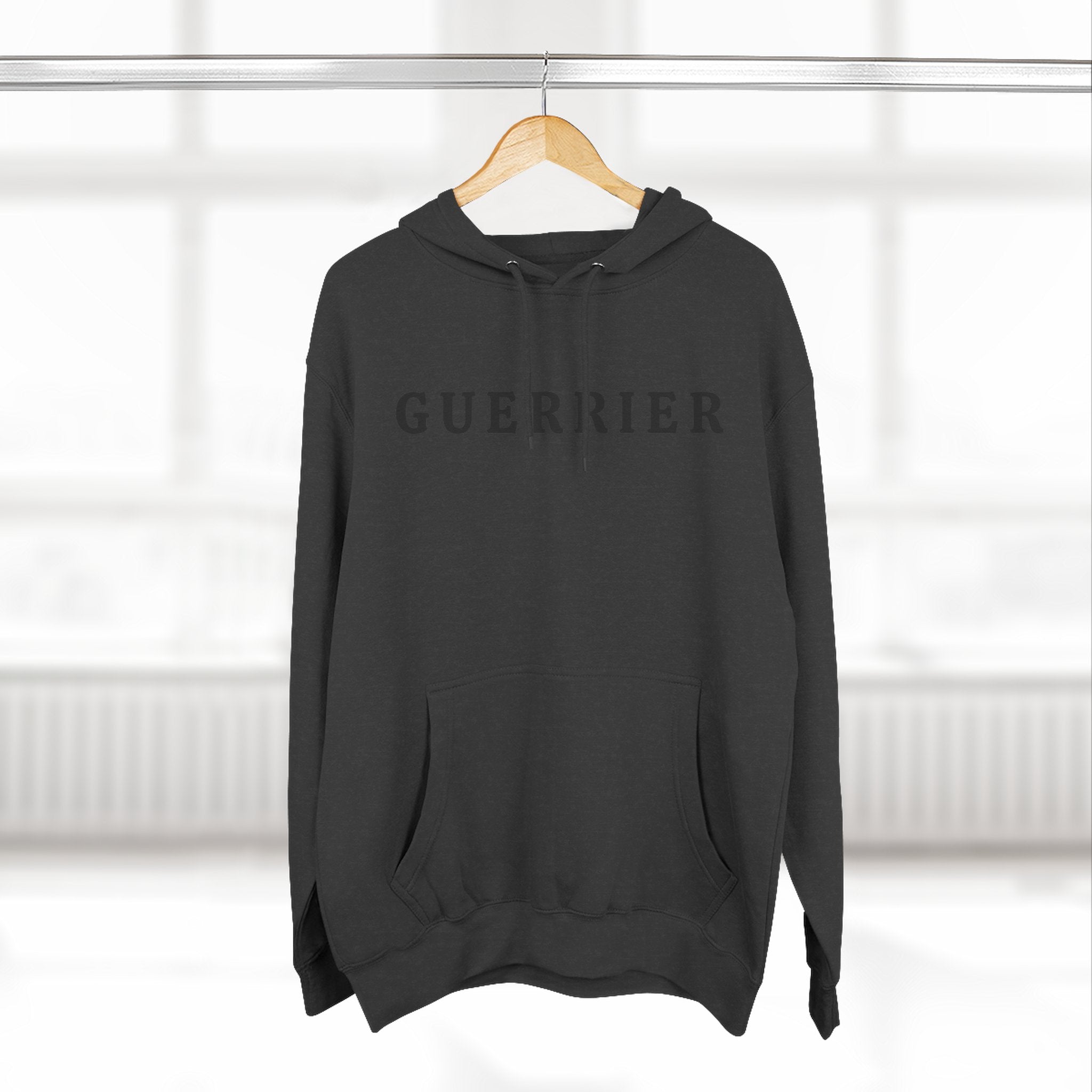 Guerrier Minimalist Hoodie — French 'Guerrier' Text Fleece Pullover