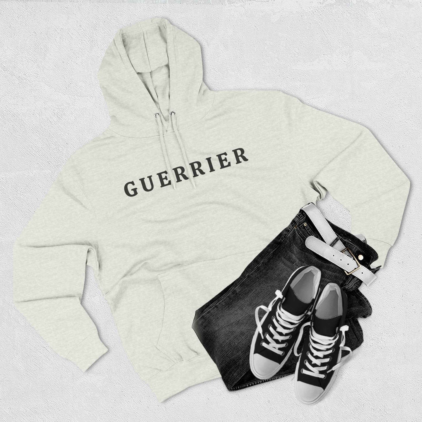 Guerrier Minimalist Hoodie — French 'Guerrier' Text Fleece Pullover