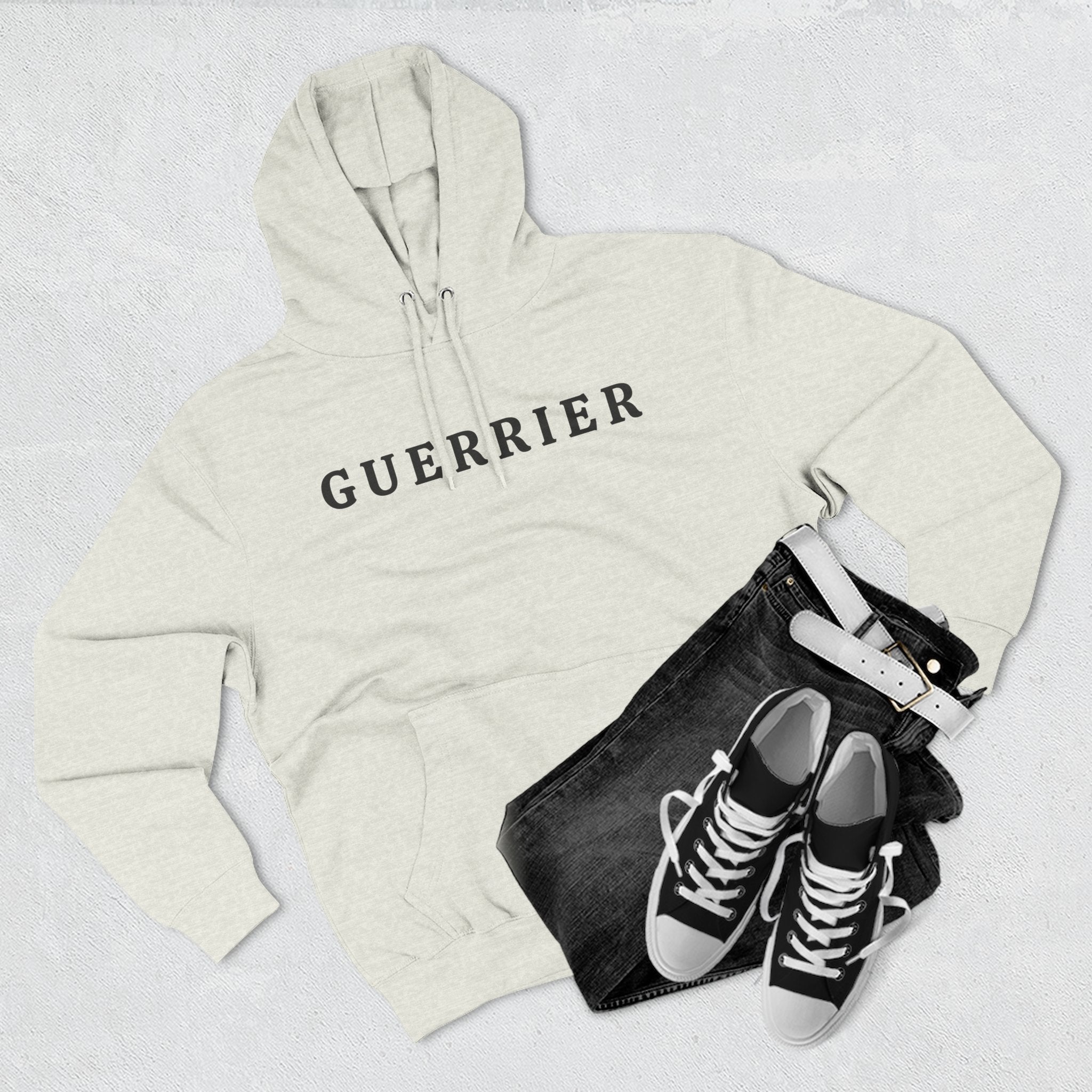 Guerrier Minimalist Hoodie — French 'Guerrier' Text Fleece Pullover