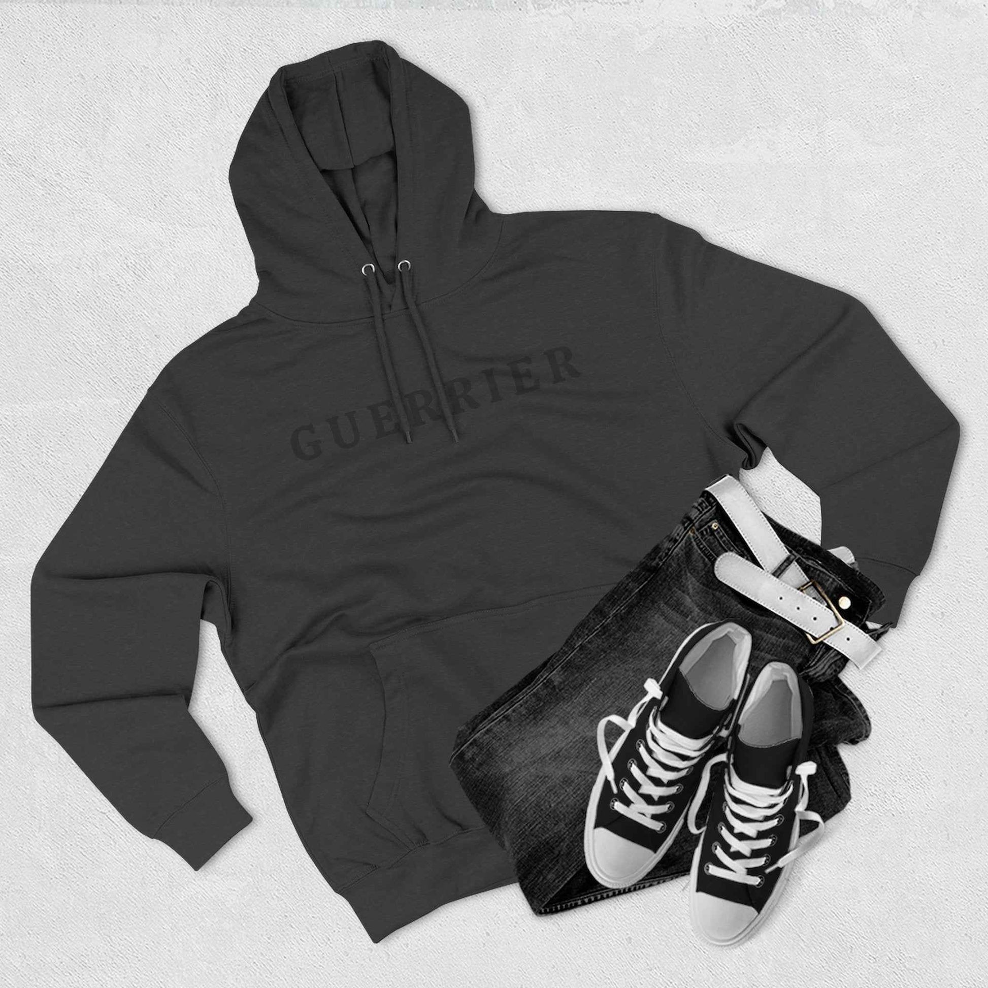 Guerrier Minimalist Hoodie — French 'Guerrier' Text Fleece Pullover