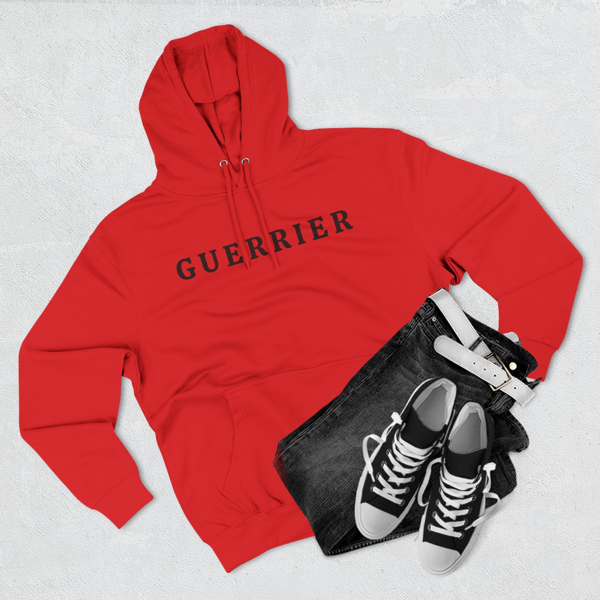 Guerrier Minimalist Hoodie — French 'Guerrier' Text Fleece Pullover
