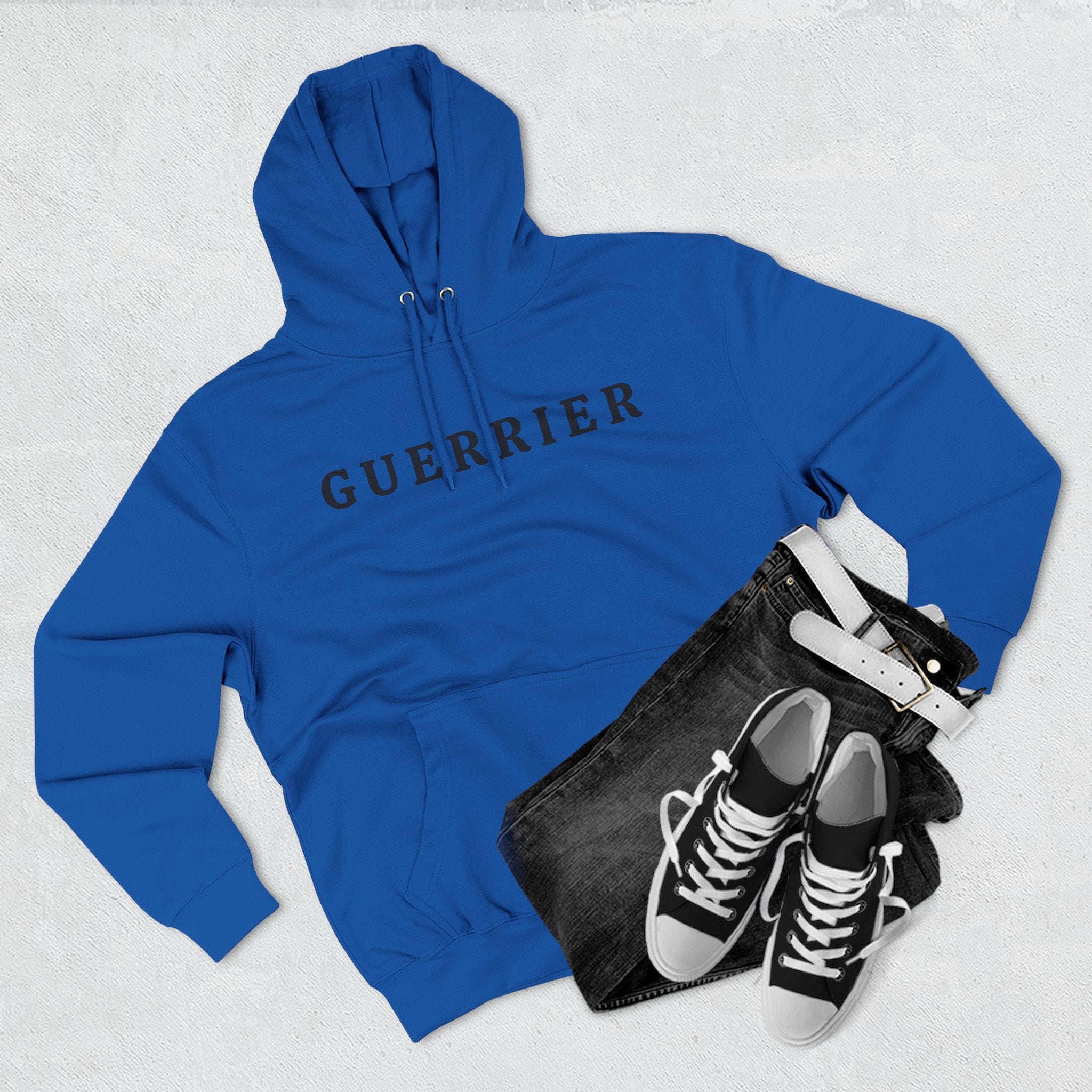 Guerrier Minimalist Hoodie — French 'Guerrier' Text Fleece Pullover