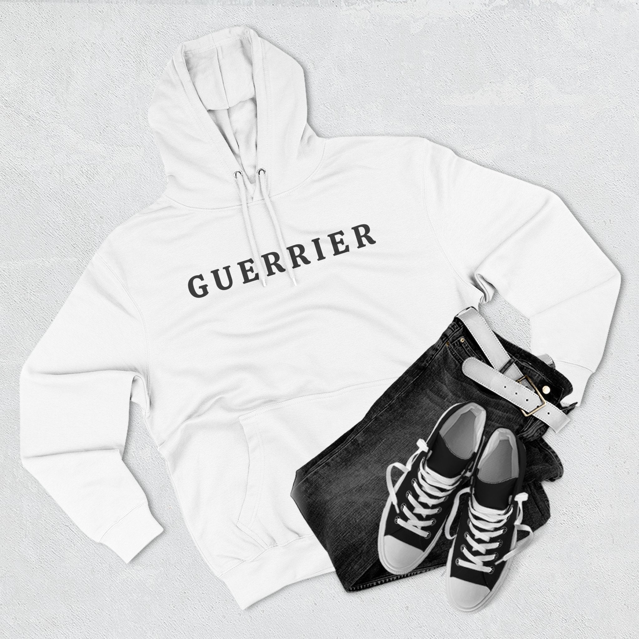 Guerrier Minimalist Hoodie — French 'Guerrier' Text Fleece Pullover