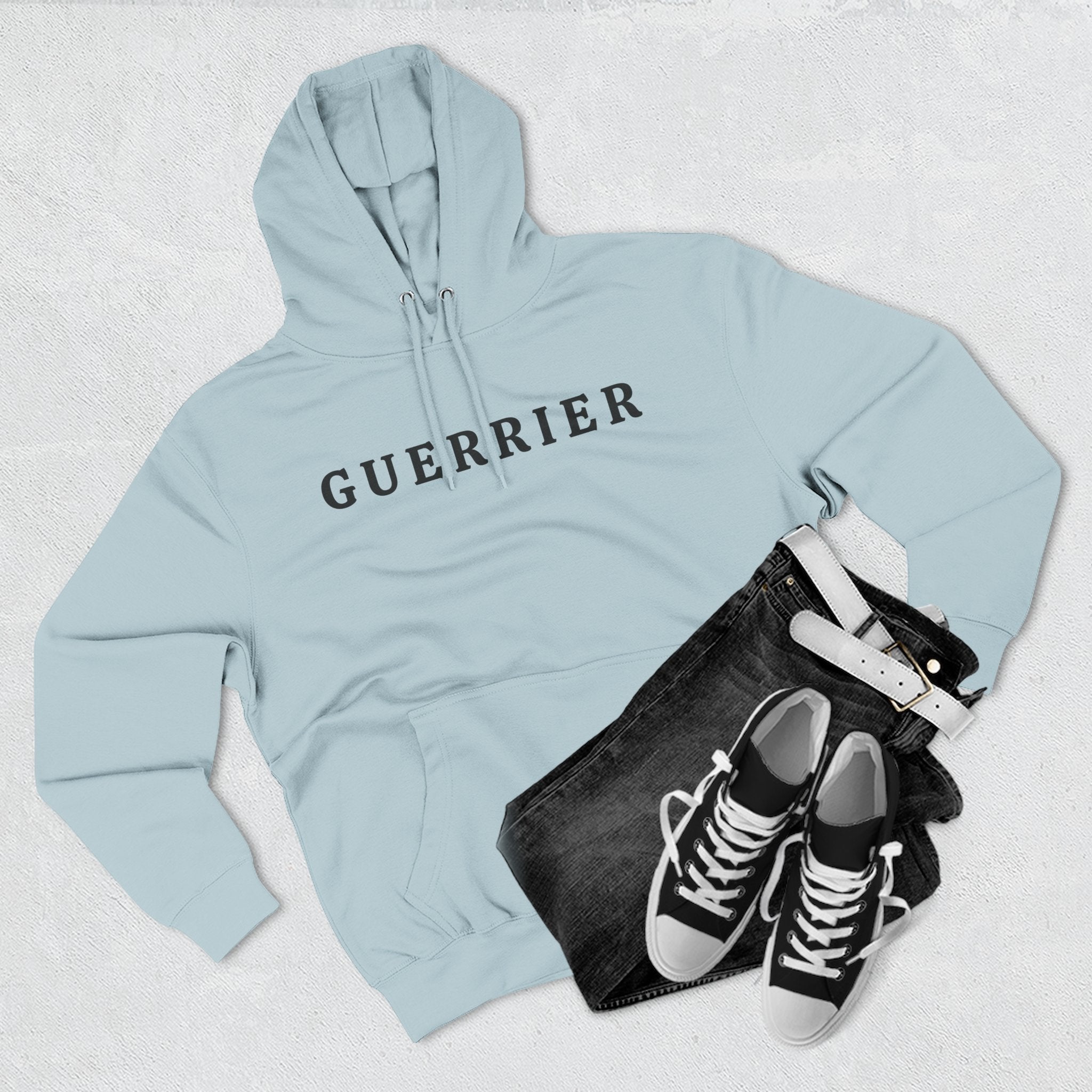 Guerrier Minimalist Hoodie — French 'Guerrier' Text Fleece Pullover