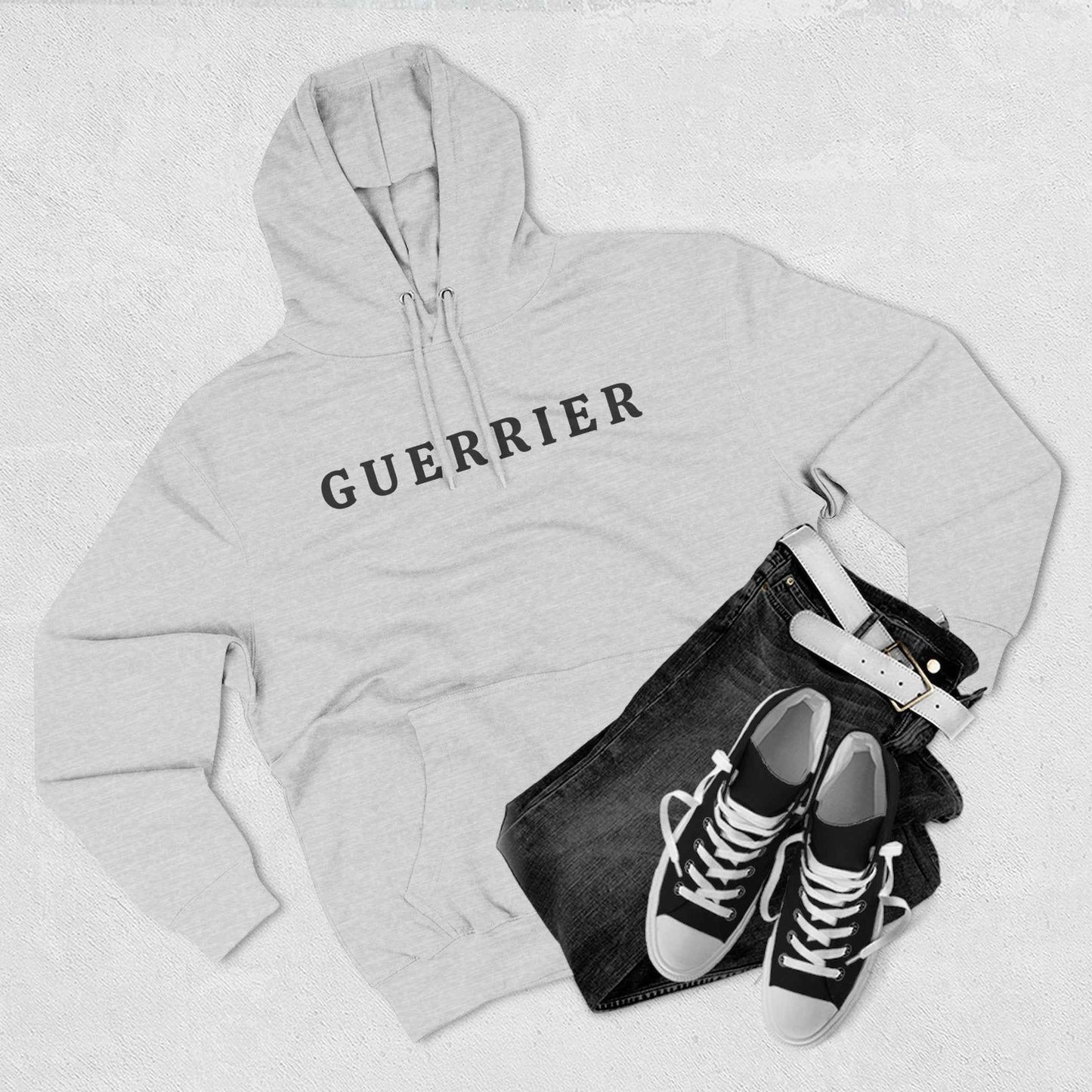 Guerrier Minimalist Hoodie — French 'Guerrier' Text Fleece Pullover
