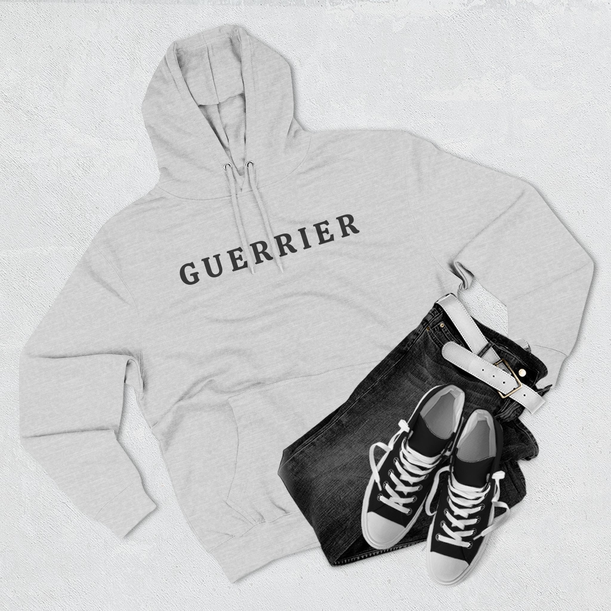 Guerrier Minimalist Hoodie — French 'Guerrier' Text Fleece Pullover