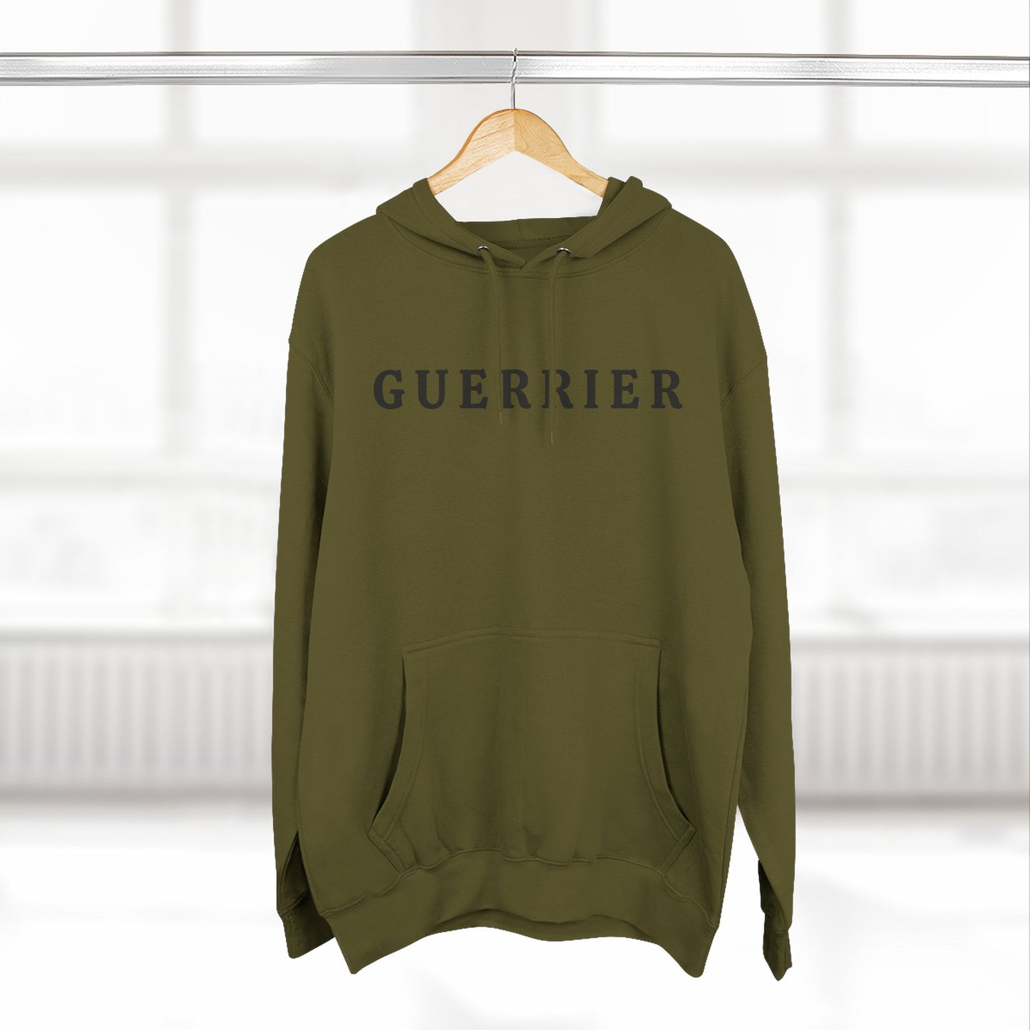 Guerrier Minimalist Hoodie — French 'Guerrier' Text Fleece Pullover